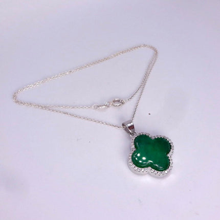 Vintage Green Jade white Gold GF Pendant Lucky Charm | 925 Sterling Silver chain Necklace