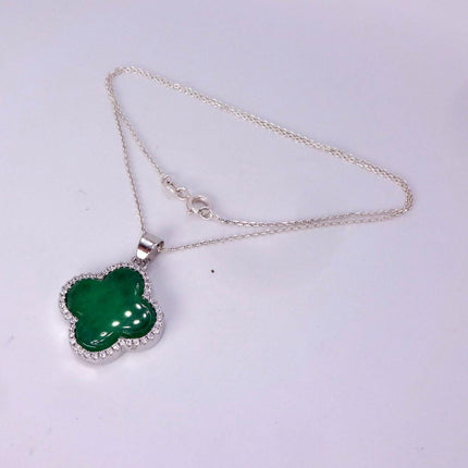 Vintage Green Jade white Gold GF Pendant Lucky Charm | 925 Sterling Silver chain Necklace