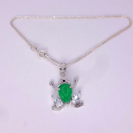 Vintage Green Jade Frog white Gold GF Pendant Lucky Charm | 925 Sterling Silver chain Necklace