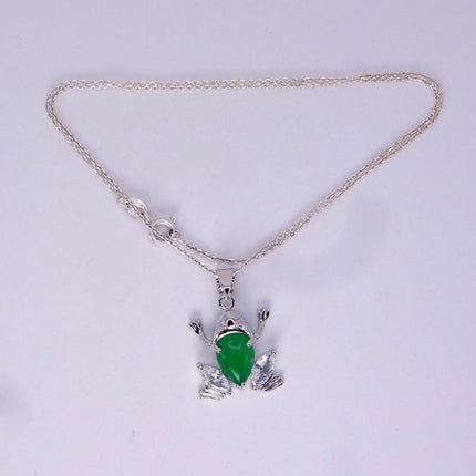 Vintage Green Jade Frog white Gold GF Pendant Lucky Charm | 925 Sterling Silver chain Necklace