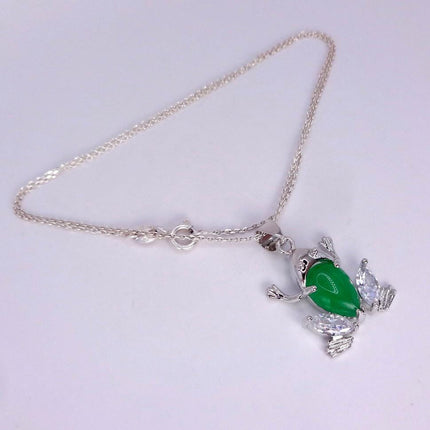 Vintage Green Jade Frog white Gold GF Pendant Lucky Charm | 925 Sterling Silver chain Necklace