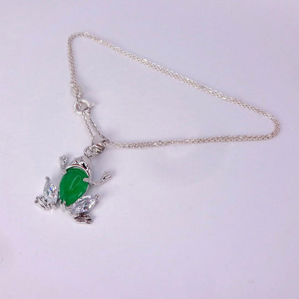 Vintage Green Jade Frog white Gold GF Pendant Lucky Charm | 925 Sterling Silver chain Necklace