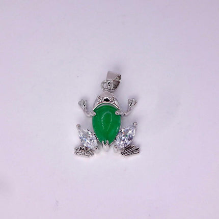 Vintage Green Jade Frog white Gold GF Pendant Lucky Charm | 925 Sterling Silver chain Necklace