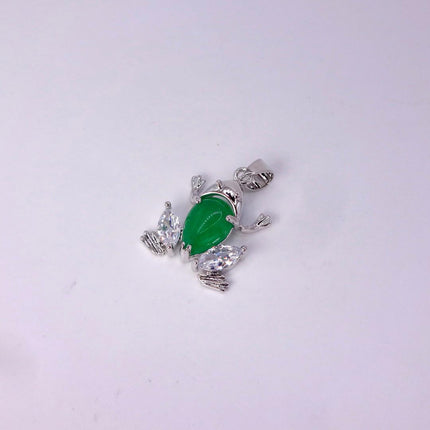 Vintage Green Jade Frog white Gold GF Pendant Lucky Charm | 925 Sterling Silver chain Necklace