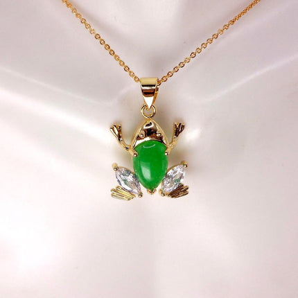 Vintage Green Jade Frog Gold GF Pendant Lucky Charm Chain Necklace