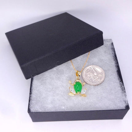 Vintage Green Jade Frog Gold GF Pendant Lucky Charm Chain Necklace