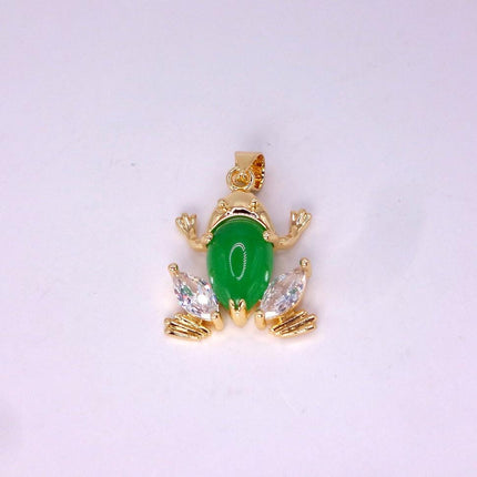 Vintage Green Jade Frog Gold GF Pendant Lucky Charm Chain Necklace