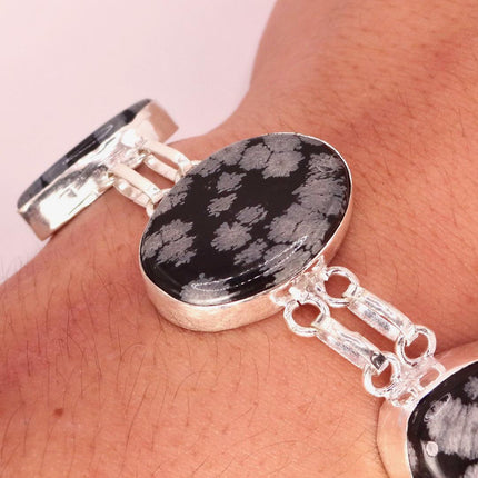 Vintage Snowflake Obsidian Black Toggle Bracelet Silver Bronze