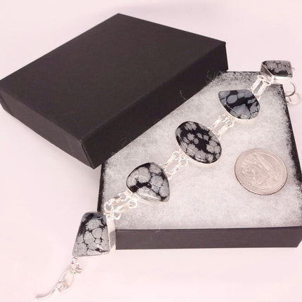 Vintage Snowflake Obsidian Black Toggle Bracelet Silver Bronze