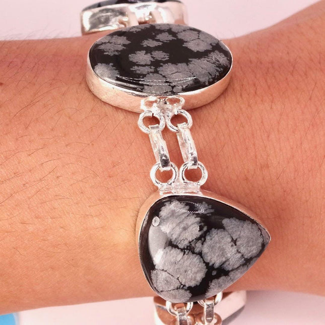 Vintage Snowflake Obsidian Black Toggle Bracelet Silver Bronze