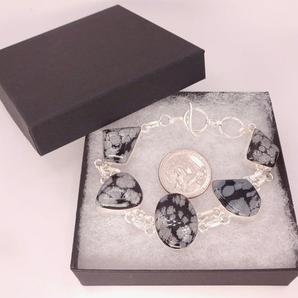Vintage Snowflake Obsidian Black Toggle Bracelet Silver Bronze