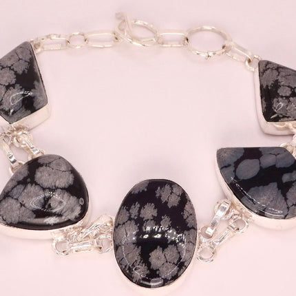 Vintage Snowflake Obsidian Black Toggle Bracelet Silver Bronze