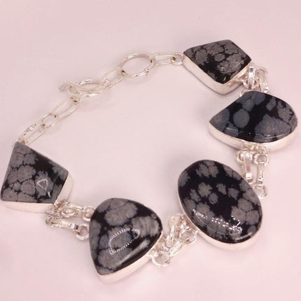 Vintage Snowflake Obsidian Black Toggle Bracelet Silver Bronze