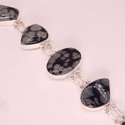 Vintage Snowflake Obsidian Black Toggle Bracelet Silver Bronze