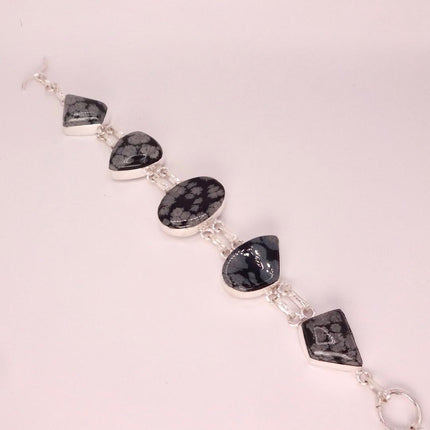 Vintage Snowflake Obsidian Black Toggle Bracelet Silver Bronze