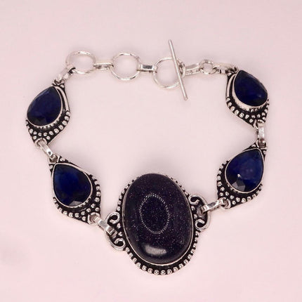 Vintage Black Sandstone Toggle Bracelet Silver Bronze