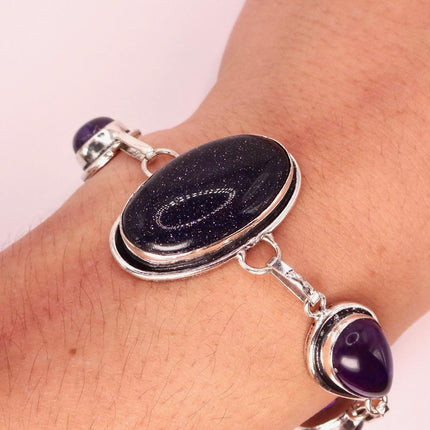 Vintage Black Sandstone Toggle Bracelet Silver Bronze