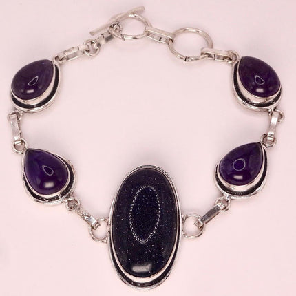 Vintage Black Sandstone Toggle Bracelet Silver Bronze