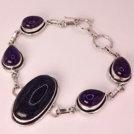 Vintage Black Sandstone Toggle Bracelet Silver Bronze
