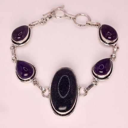Vintage Black Sandstone Toggle Bracelet Silver Bronze