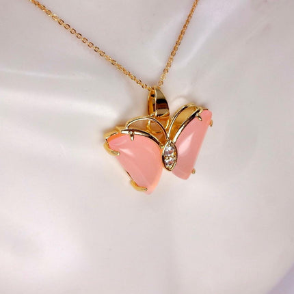 Pink Rose Quartz Butterfly Necklace: Vintage Gold Filled Pendant