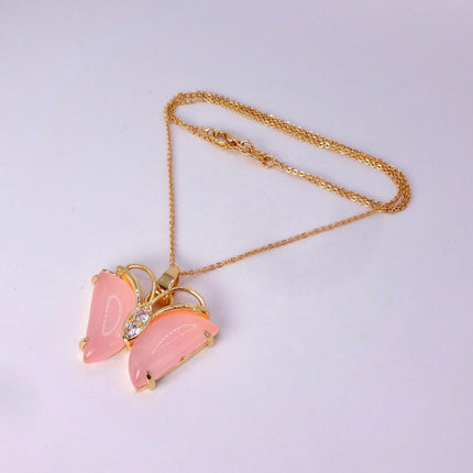 Pink Rose Quartz Butterfly Necklace: Vintage Gold Filled Pendant