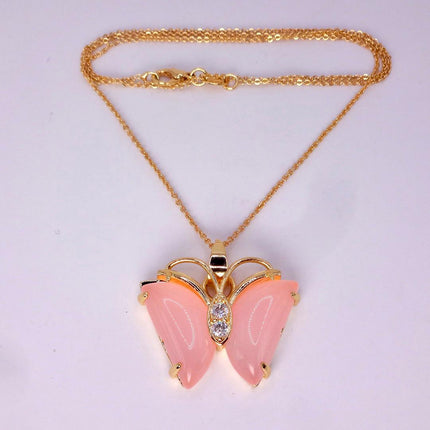 Pink Rose Quartz Butterfly Necklace: Vintage Gold Filled Pendant