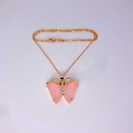 Pink Rose Quartz Butterfly Necklace: Vintage Gold Filled Pendant