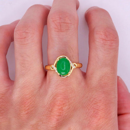 Vintage Gold Green Jade Cocktail Ring - Round Antique Design - Lucky Charm