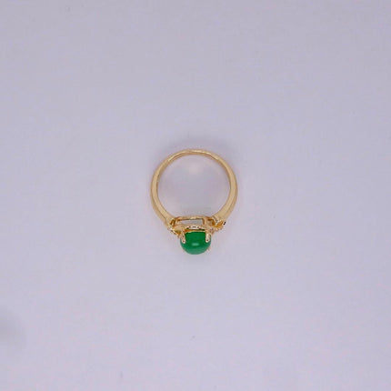 Vintage Gold Green Jade Cocktail Ring - Round Antique Design - Lucky Charm