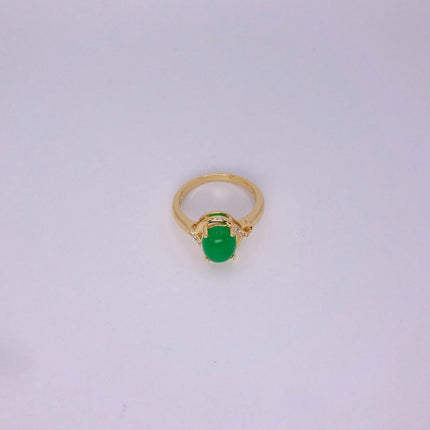 Vintage Gold Green Jade Cocktail Ring - Round Antique Design - Lucky Charm