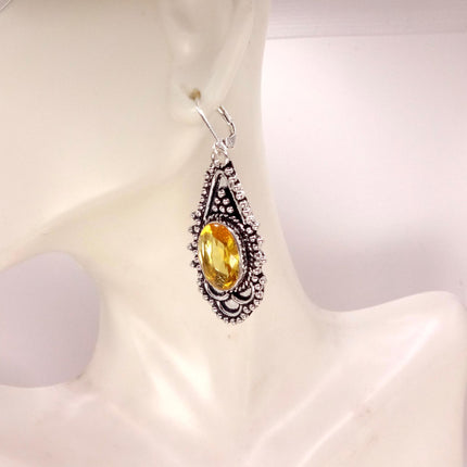 Vintage Yellow Citrine Glass Silver Chandelier Drop Earrings | 925 sterling Silver Lever Backs