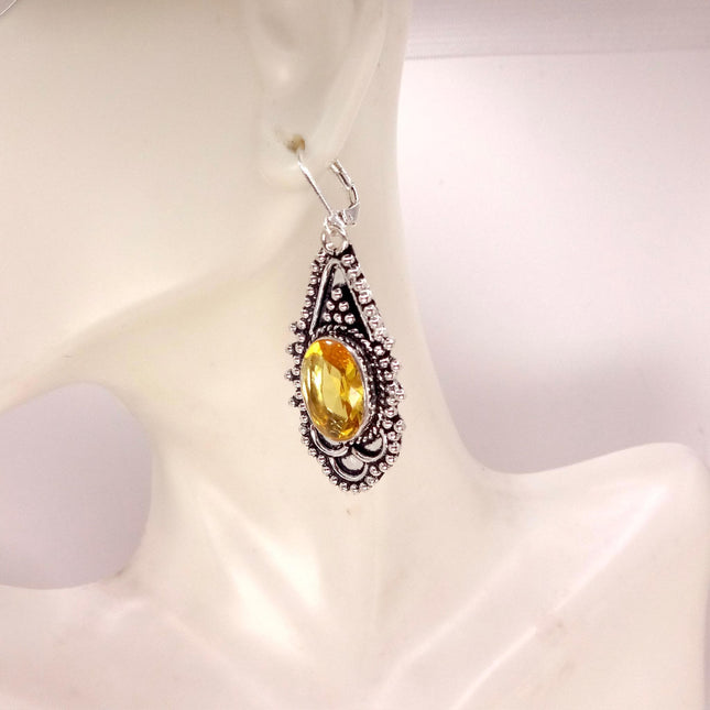 Vintage Yellow Citrine Glass Silver Chandelier Drop Earrings | 925 sterling Silver Lever Backs