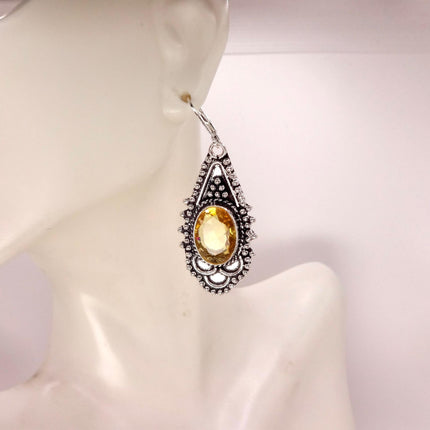 Vintage Yellow Citrine Glass Silver Chandelier Drop Earrings | 925 sterling Silver Lever Backs