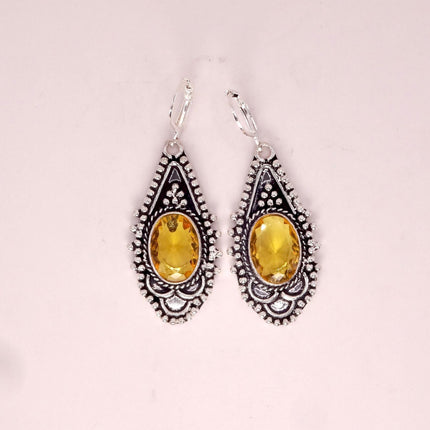 Vintage Yellow Citrine Glass Silver Chandelier Drop Earrings | 925 sterling Silver Lever Backs