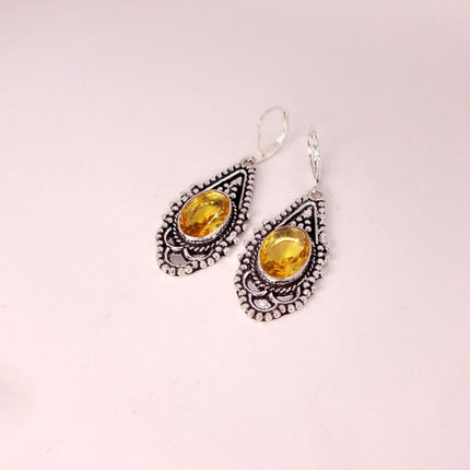 Vintage Yellow Citrine Glass Silver Chandelier Drop Earrings | 925 sterling Silver Lever Backs