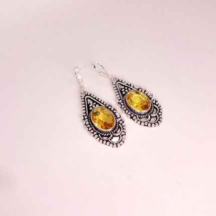 Vintage Yellow Citrine Glass Silver Chandelier Drop Earrings | 925 sterling Silver Lever Backs