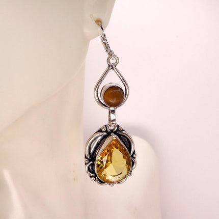 Vintage Yellow Citrine Glass Silver Chandelier Drop Earrings | 925 sterling Silver Lever Backs