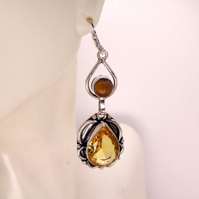 Vintage Yellow Citrine Glass Silver Chandelier Drop Earrings | 925 sterling Silver Lever Backs