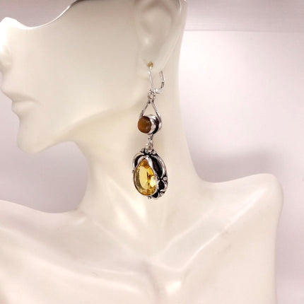 Vintage Yellow Citrine Glass Silver Chandelier Drop Earrings | 925 sterling Silver Lever Backs