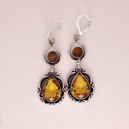 Vintage Yellow Citrine Glass Silver Chandelier Drop Earrings | 925 sterling Silver Lever Backs