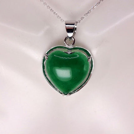 Vintage Green Jade Heart Shaped Choker 925 Sterling Silver Necklace
