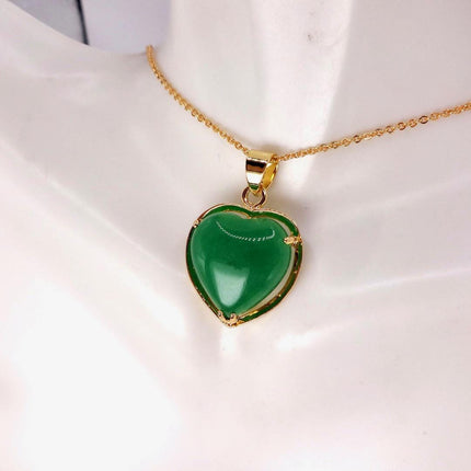 Vintage Green Jade Heart Shaped Pendant Necklace Golden 925 Sterling Silver Chain