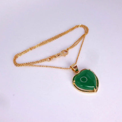 Vintage Green Jade Heart Shaped Pendant Necklace Golden 925 Sterling Silver Chain