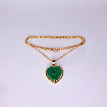 Vintage Green Jade Heart Shaped Pendant Necklace Golden 925 Sterling Silver Chain