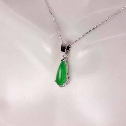 Vintage Green Jade white Gold GF Pendant Lucky Charm | 925 Sterling Silver chain Necklace