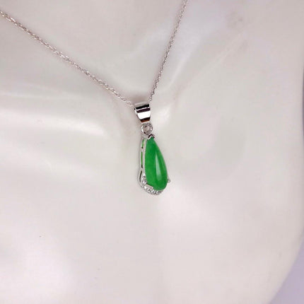 Vintage Green Jade white Gold GF Pendant Lucky Charm | 925 Sterling Silver chain Necklace
