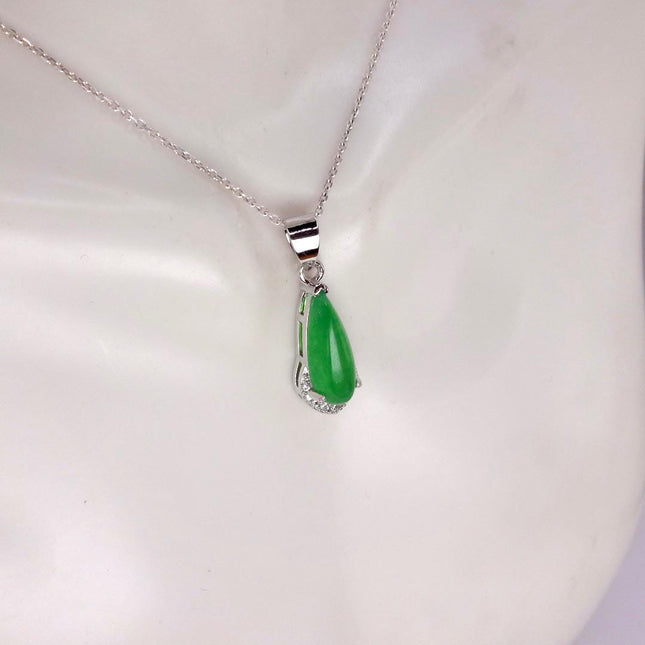 Vintage Green Jade white Gold GF Pendant Lucky Charm | 925 Sterling Silver chain Necklace