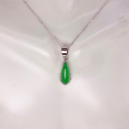 Vintage Green Jade white Gold GF Pendant Lucky Charm | 925 Sterling Silver chain Necklace