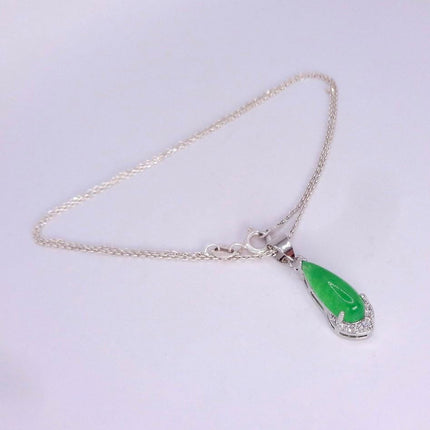 Vintage Green Jade white Gold GF Pendant Lucky Charm | 925 Sterling Silver chain Necklace